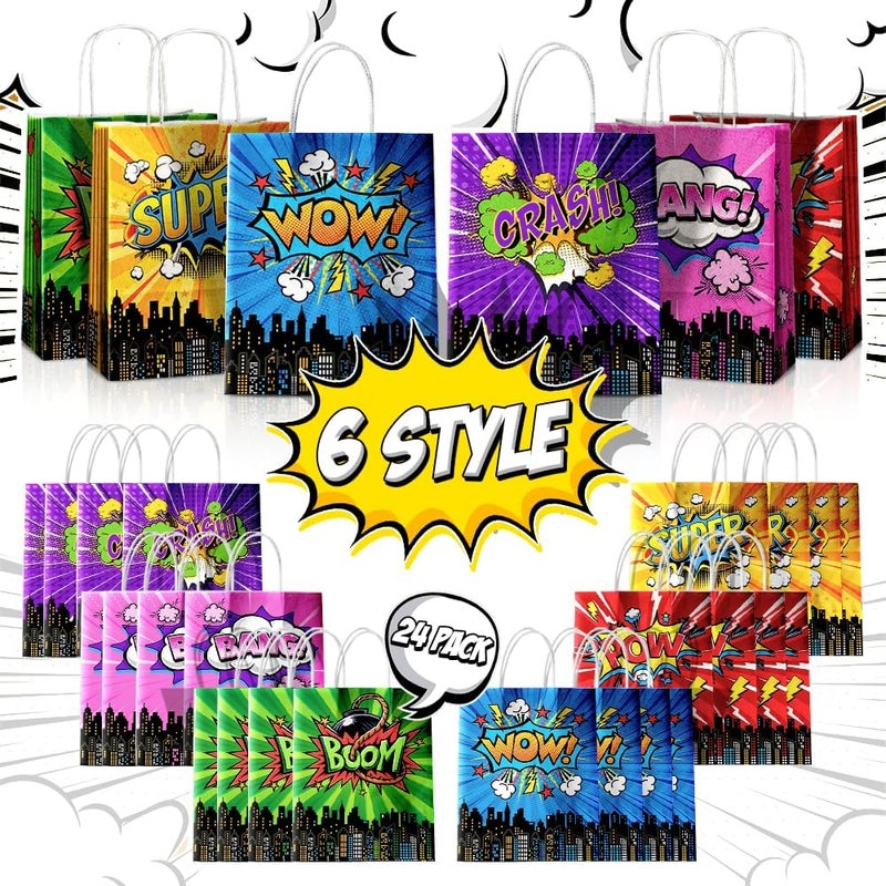JOYGATHER 24 Pcs Hero Party Favor Bags with Handles - Hero Goodie Bags, Gift Bags. Comic Hero Theme Candy Bags for Kids, Kraft Paper Bags for Birthday Party Supplies and Baby Shower Decorations. - Image 2